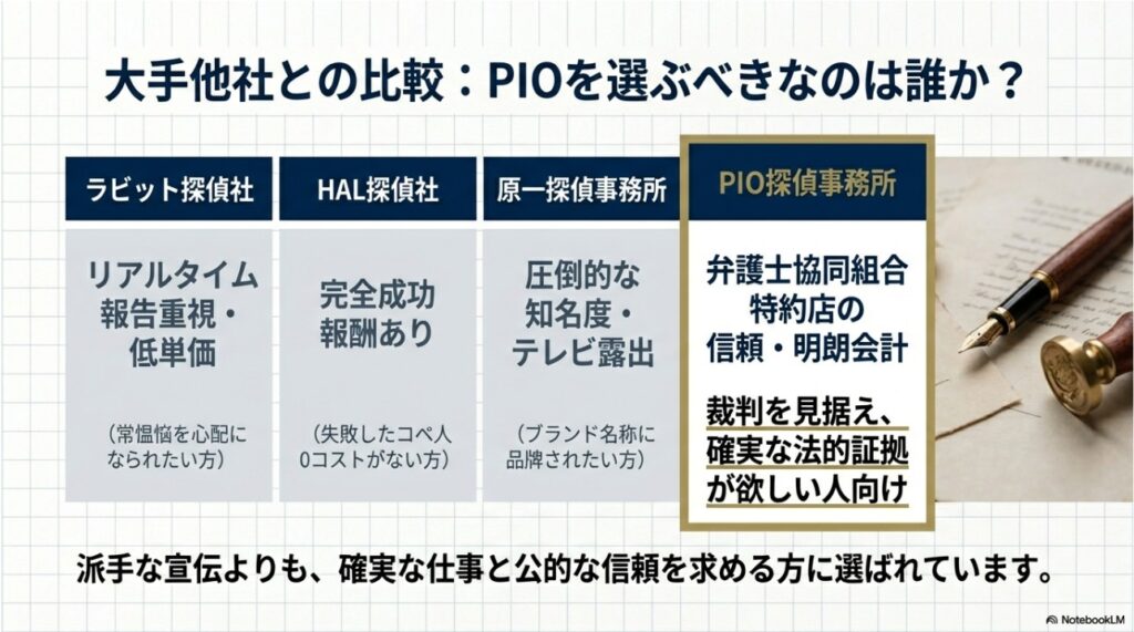 PIO探偵事務所、ラビット探偵社、HAL探偵社、原一探偵事務所の4社の特徴、強み、おすすめの人をまとめた比較表。