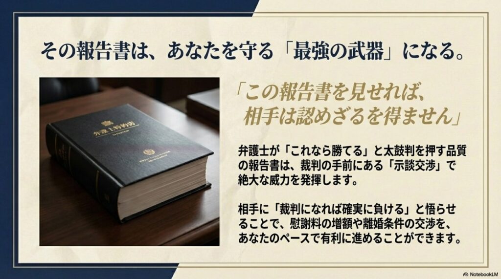弁護士が「これなら勝てる」と認める品質の報告書が、裁判手前の示談交渉でも大きな威力を持つことを説明するイメージ図。