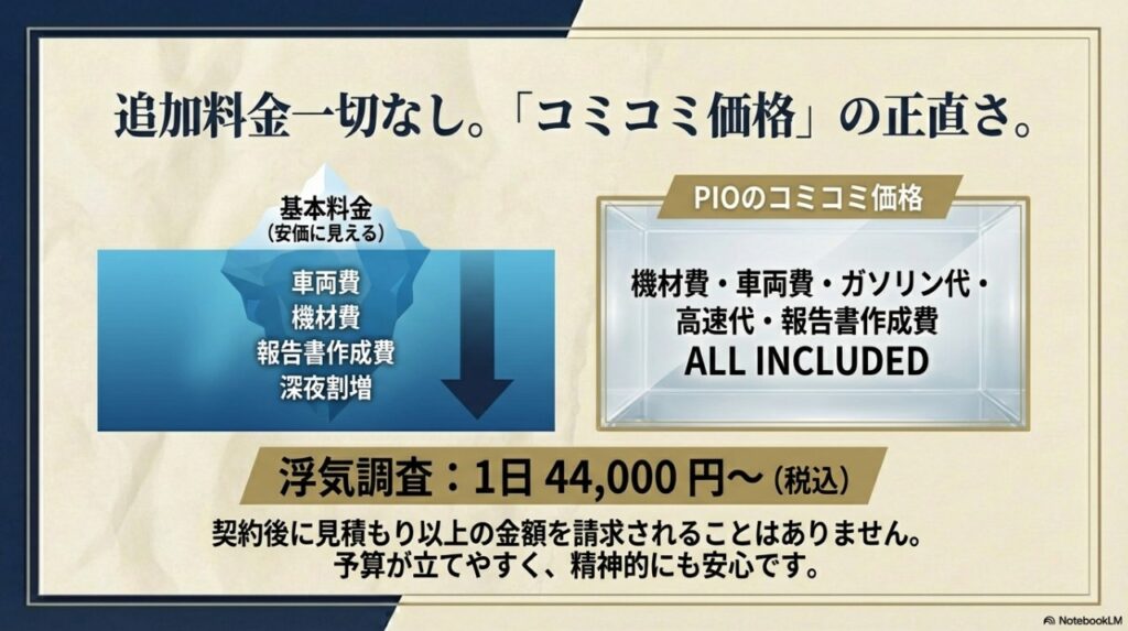 車両費、機材費、報告書作成費、深夜割増などがすべて含まれたPIO探偵事務所の「コミコミ価格」の仕組み図。