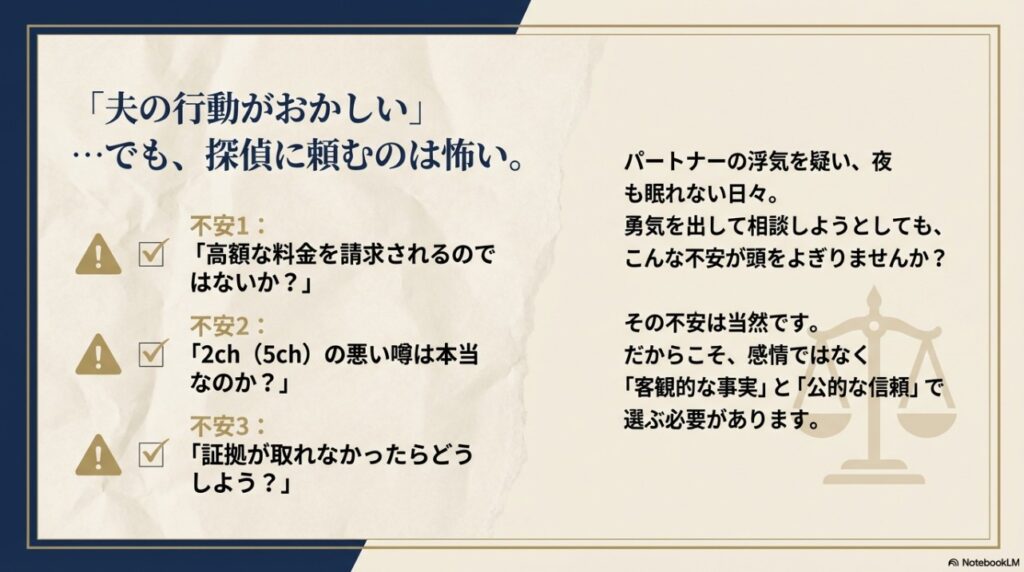 探偵選びで多くの人が抱く「高額請求」「2chの悪い噂」「証拠が取れない」という3つの不安をまとめた図解。
