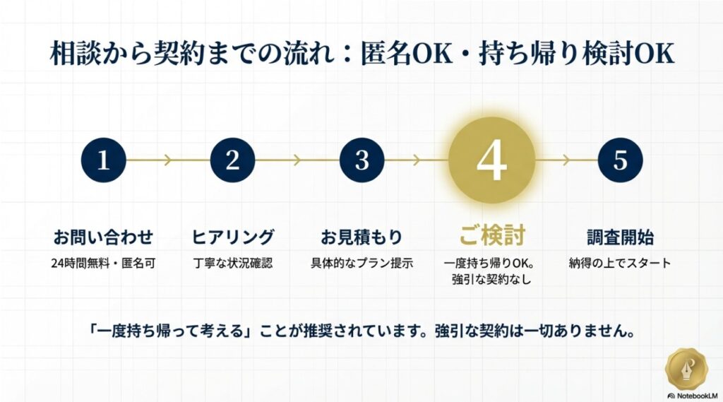 問い合わせ、ヒアリング、見積もり、検討、調査開始の5つの流れ。強引な契約がなく一度持ち帰り検討できることを強調した図。