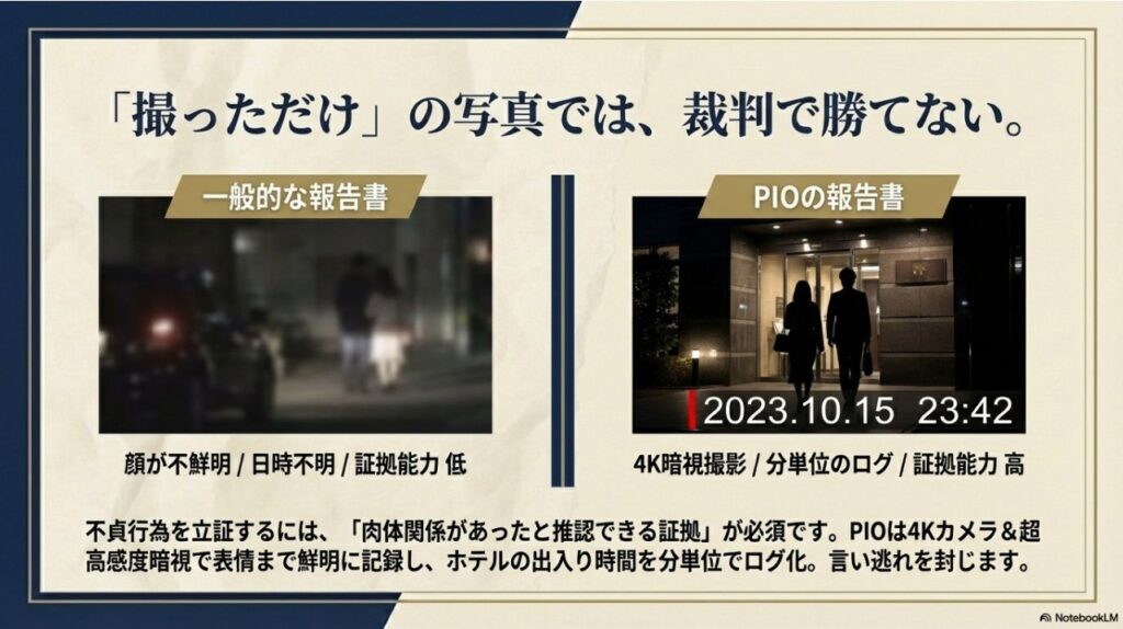 一般的な不鮮明な報告書と、PIOの4K暗視撮影による鮮明な報告書の比較。日時と分単位のログが重要であることを示す資料。